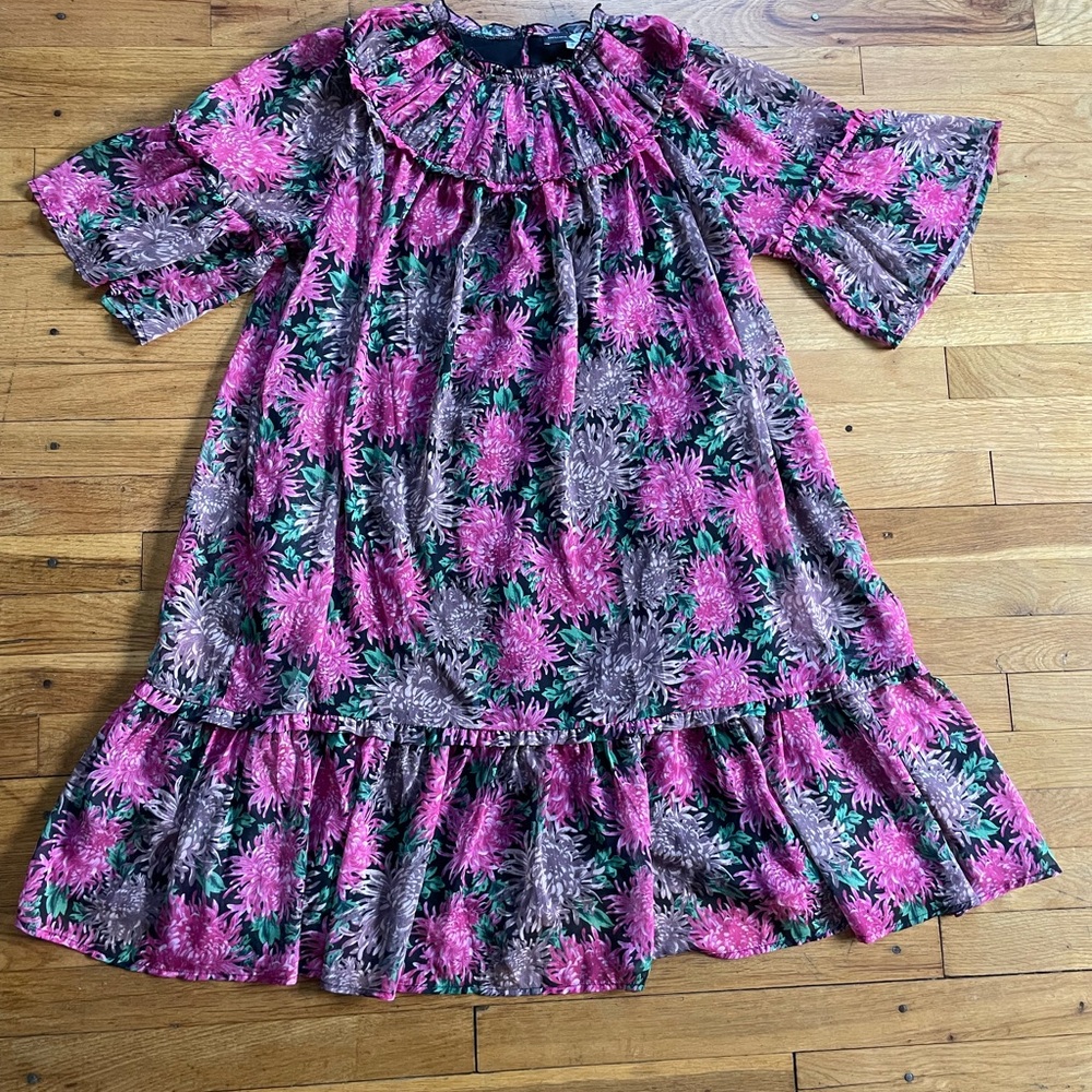 Floral Ruffle Midi Dress in Pink and Green
